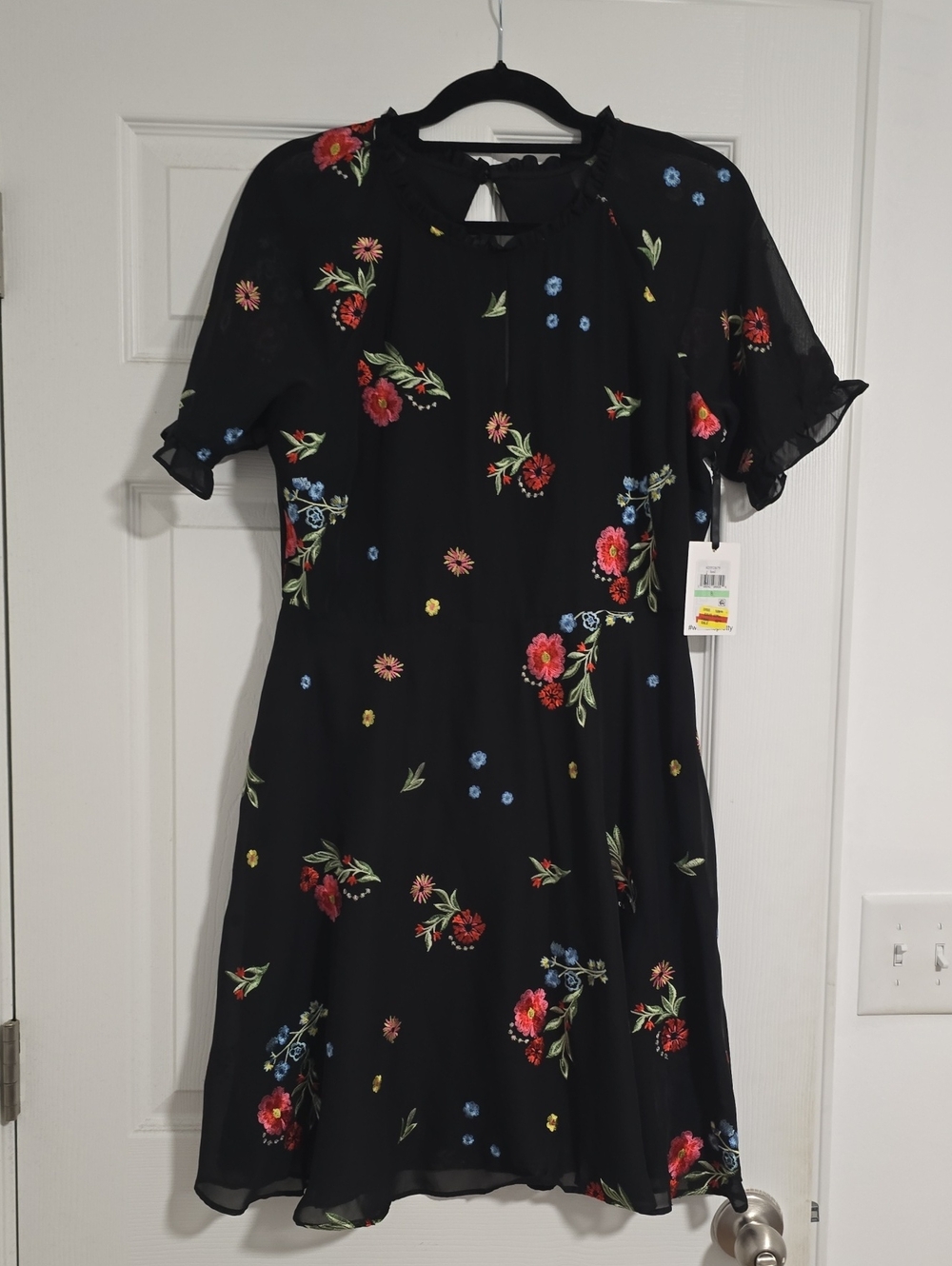 Kensie Black Floral Midi Dress with Red, Blue, Yellow Accents